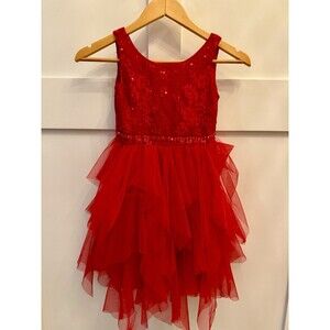 Girls Youngland Holiday Christmas Dress Red Sequin Tulle Lace Size 6/6X